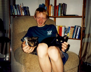 Daniel with two cats - Cyprus, July 2000